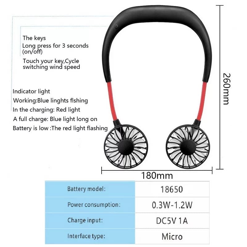 Portable Neck Fan – 360° Rotating Hands-Free USB Rechargeable Wearable Cooling Fan