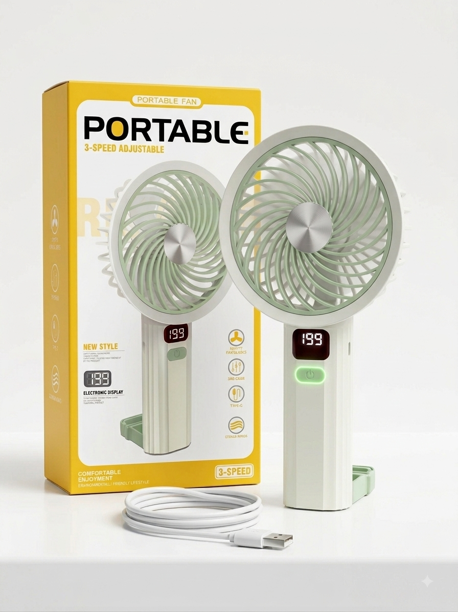 Portable Handheld Turbo Fan with LED Display – 3-Speed Rechargeable USB-C Cooling Fan