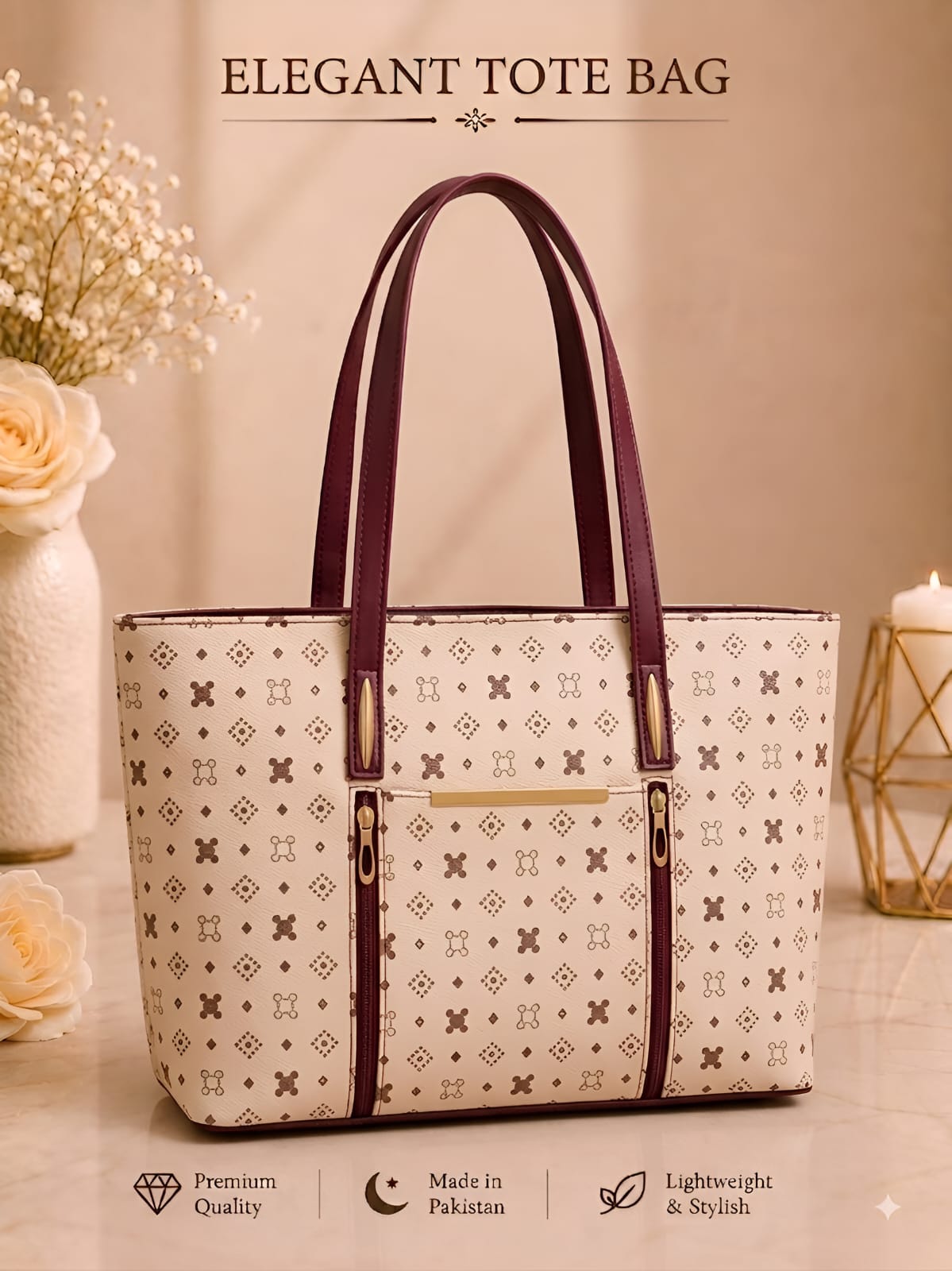 Pattern Tote Bag for Women – Stylish Spacious Shoulder Handbag for Work, College, Shopping & Daily Use | Black